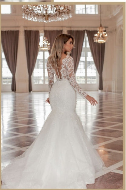 Vestido de novia de sirena con escote en V y mangas largas a la moda, con cola capilla