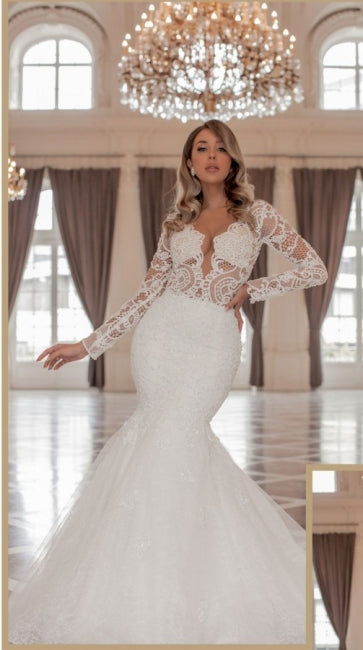 Vestido de novia de sirena con escote en V y mangas largas a la moda, con cola capilla