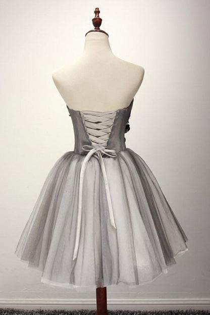 Vestido de fiesta corto de tul gris, vestido de regreso a casa, vestido de cóctel