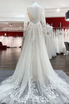 Ivory Tulle Long Sleeve Lace Appliques Wedding Dress With Sweep Train