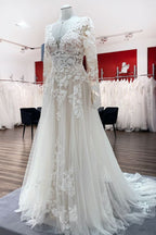 Ivory Tulle Long Sleeve Lace Appliques Wedding Dress With Sweep Train