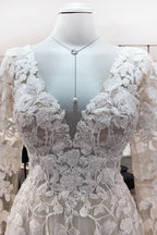 Ivory Tulle Long Sleeve Lace Appliques Wedding Dress With Sweep Train