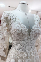Ivory Tulle Long Sleeve Lace Appliques Wedding Dress With Sweep Train