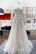 Ivory Tulle Long Sleeve Lace Appliques Wedding Dress With Sweep Train