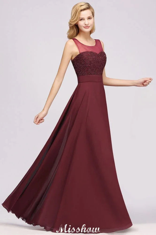 Abito da damigella senza maniche in chiffon e tulle con perline e pizzo, lungo fino a terra, linea a trapezio, abito da festa