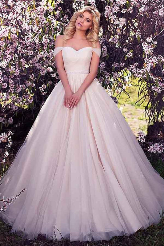 A-Linien-Brautkleid aus Tüll mit schulterfreiem Ausschnitt und Perlenbesatz