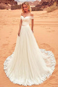 Tulle Off-the-shoulder Neckline  Wedding Dress With Lace Appliques