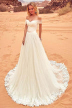 Tulle Off-the-shoulder Neckline  Wedding Dress With Lace Appliques