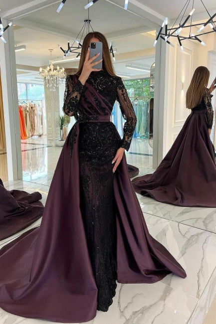 Vestidos de noche turcos de sirena, cuello alto, mangas largas y encaje negro