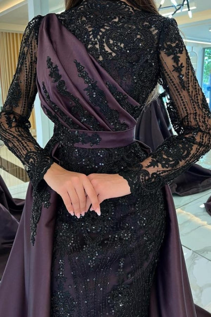 Vestidos de noche turcos de sirena, cuello alto, mangas largas y encaje negro