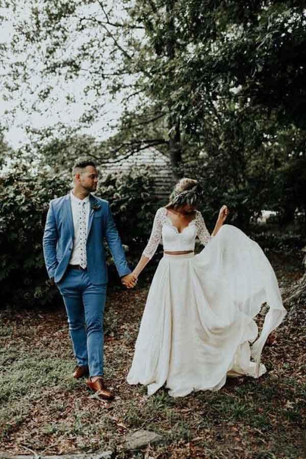 Vestido de novia de dos piezas de gasa con mangas 3/4