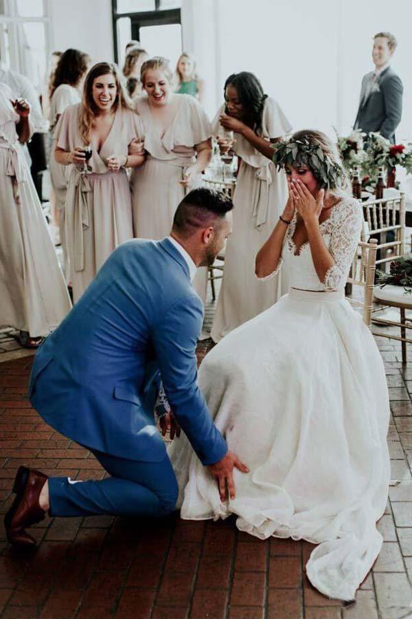 Vestido de novia de dos piezas de gasa con mangas 3/4