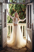 Two Piece A-line Long Lace Tulle Wedding Dress with Sleeves