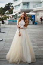 Two Piece A-line Long Lace Tulle Wedding Dress with Sleeves