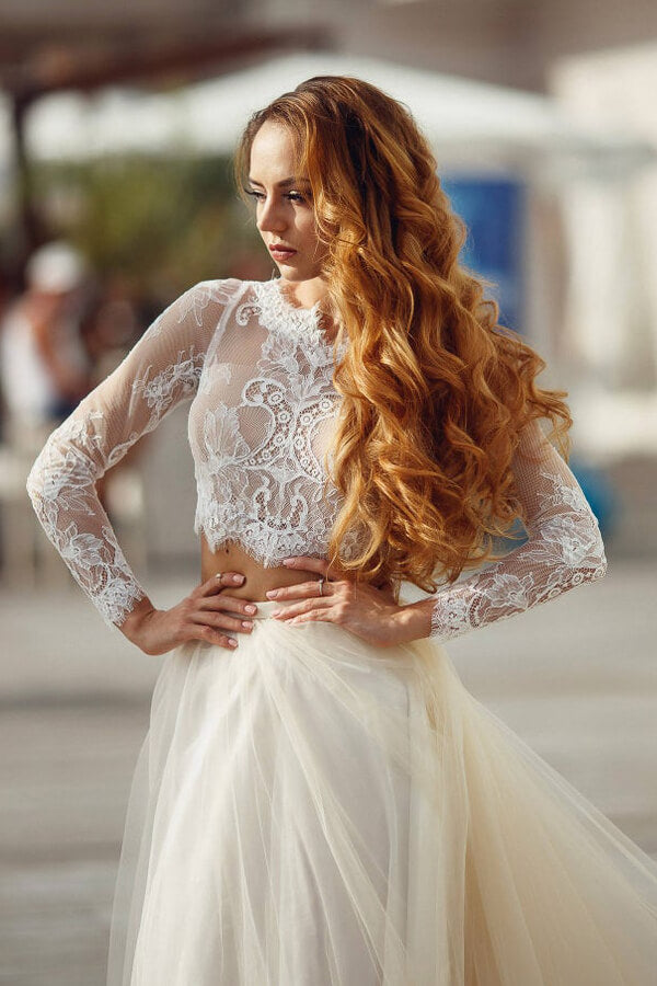 Two Piece A-line Long Lace Tulle Wedding Dress with Sleeves