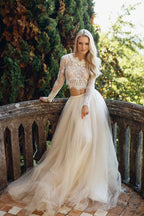Two Piece A-line Long Lace Tulle Wedding Dress with Sleeves