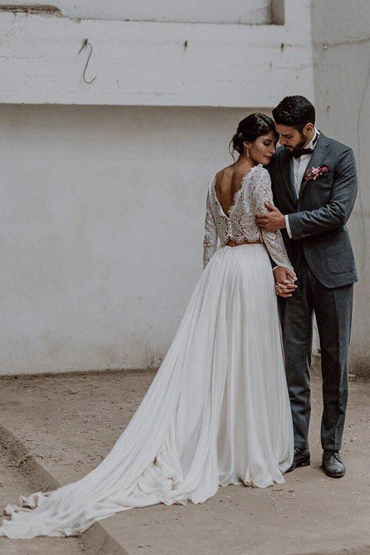 Zweiteiliges Bateau-Brautkleid aus Chiffon mit langen Ärmeln und Spitze