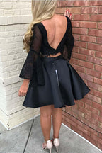 Two Piece Black Long Sleeve Lace Homecoming Dress Party Dress