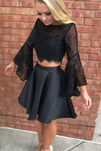 Two Piece Black Long Sleeve Lace Homecoming Dress Party Dress
