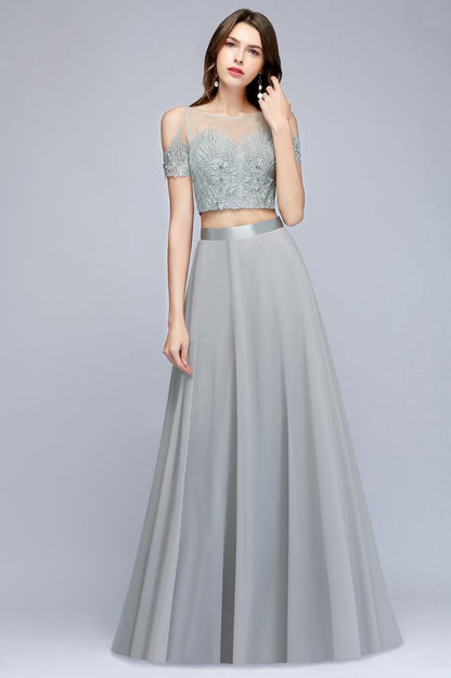 Zweiteilige bodenlange Chiffon-Ballkleider mit Applikationen