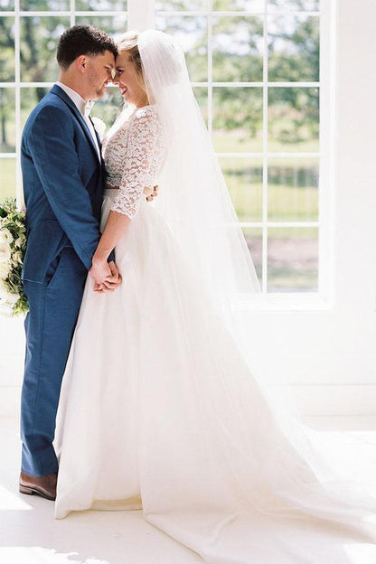 Two Piece Half Sleeves See-Through Wedding Dress with Lace Top