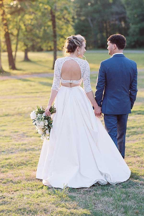 فستان زفاف شفاف ذو قطعتين وأكمام نصفية مع قمة من الدانتيل