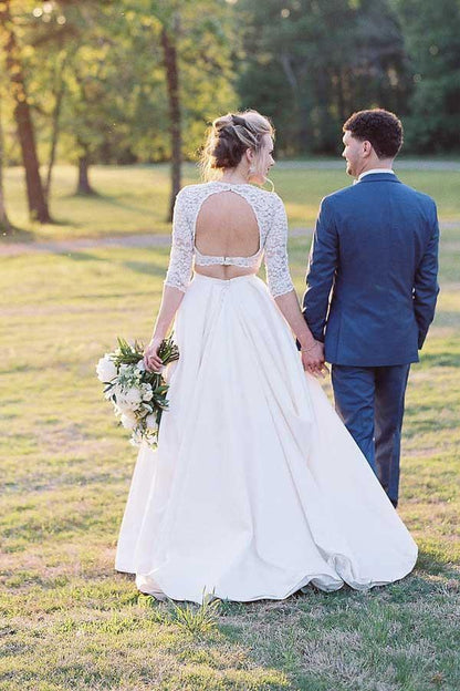 Two Piece Half Sleeves See-Through Wedding Dress with Lace Top