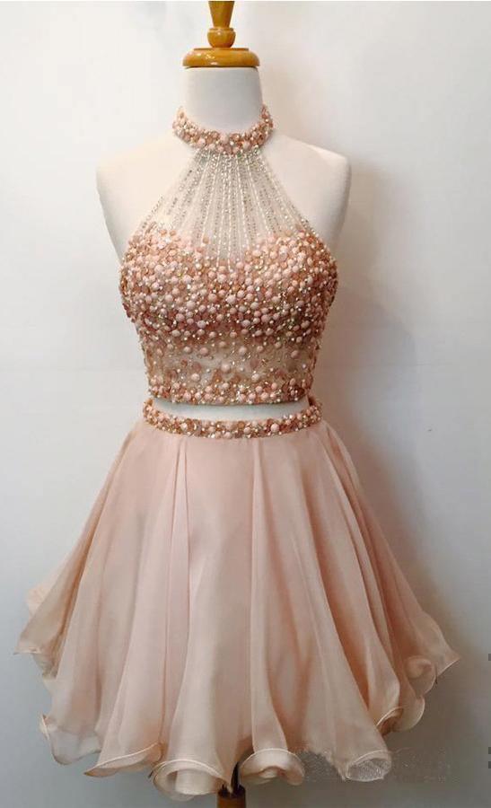 Two Piece Halter Homecoming Dresses Blush Pink Short Prom Dresses