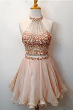 Two Piece Halter Homecoming Dresses Blush Pink Short Prom Dresses