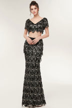 Two-piece Mermaid V-neck Short Sleeves Long Sequined Black Prom Dresses