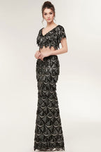 Two-piece Mermaid V-neck Short Sleeves Long Sequined Black Prom Dresses