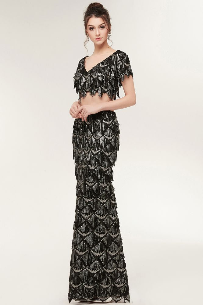 Two-piece Mermaid V-neck Short Sleeves Long Sequined Black Prom Dresses