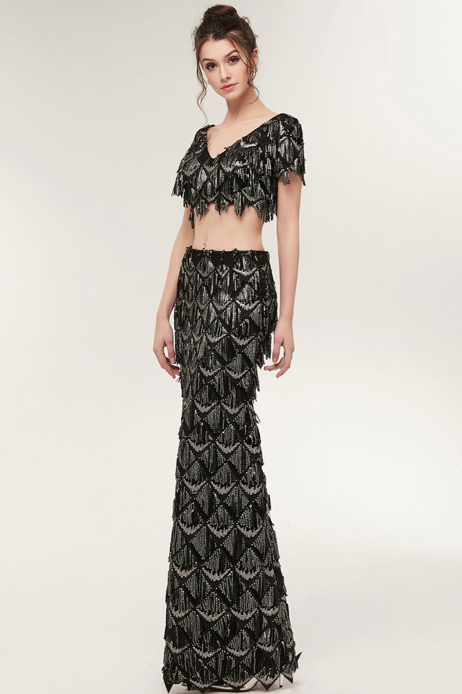 Two-piece Mermaid V-neck Short Sleeves Long Sequined Black Prom Dresses