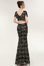 Two-piece Mermaid V-neck Short Sleeves Long Sequined Black Prom Dresses