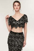 Two-piece Mermaid V-neck Short Sleeves Long Sequined Black Prom Dresses