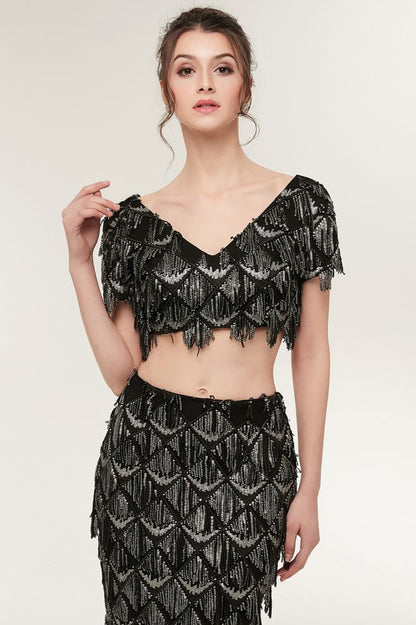 Vestido de fiesta largo de dos piezas con escote en V, manga corta y lentejuelas negras
