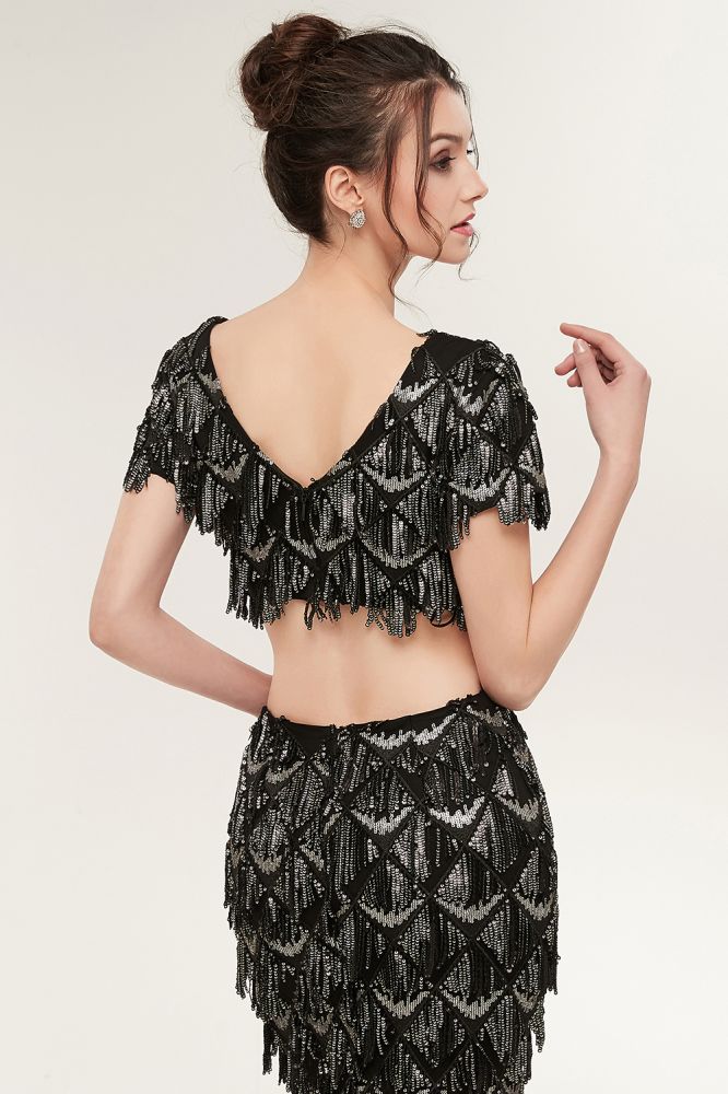 Two-piece Mermaid V-neck Short Sleeves Long Sequined Black Prom Dresses