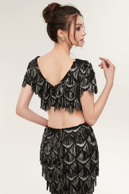 Vestido de fiesta largo de dos piezas con escote en V, manga corta y lentejuelas negras