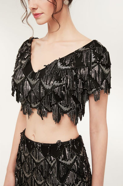 Vestido de fiesta largo de dos piezas con escote en V, manga corta y lentejuelas negras