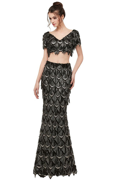 Vestido de fiesta largo de dos piezas con escote en V, manga corta y lentejuelas negras