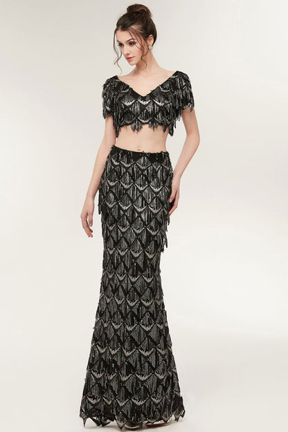 Vestido de fiesta largo de dos piezas con escote en V, manga corta y lentejuelas negras