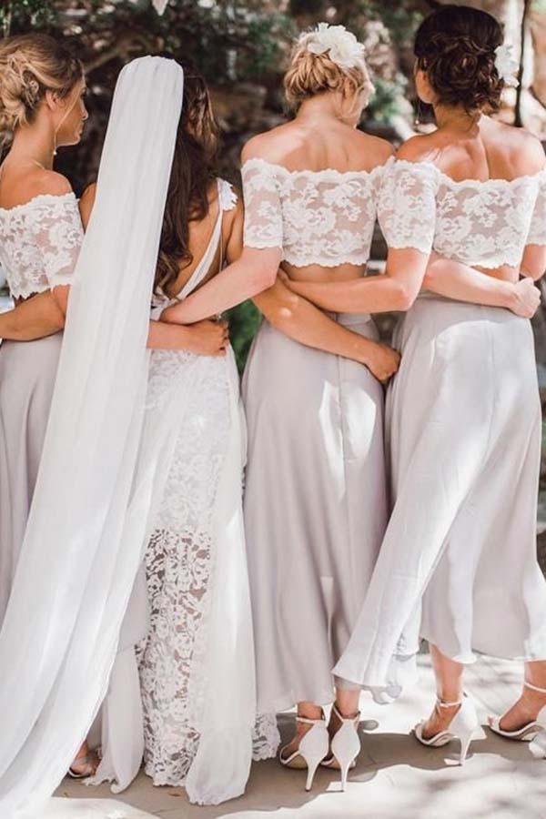 Abito da damigella grigio in chiffon a due pezzi con scollo a spalle scoperte e pizzo BD051