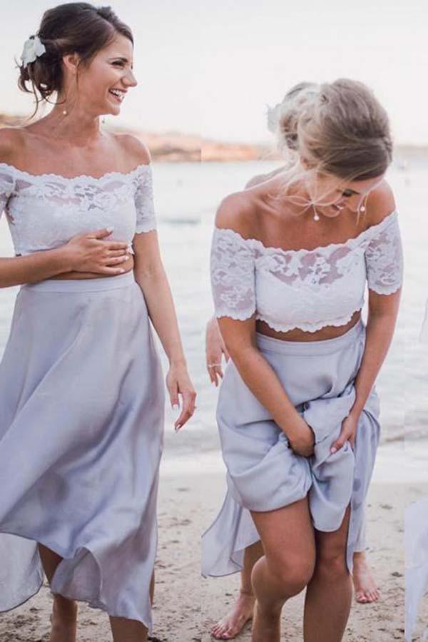 Abito da damigella grigio in chiffon a due pezzi con scollo a spalle scoperte e pizzo BD051