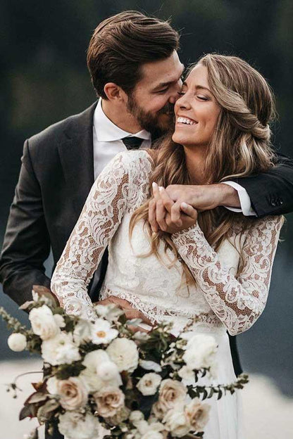 Vestido de gasa de dos piezas con cuello redondo, top de encaje y mangas largas