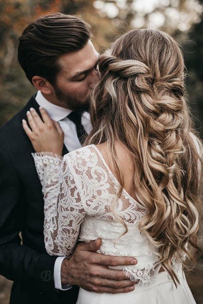 Vestido de gasa de dos piezas con cuello redondo, top de encaje y mangas largas