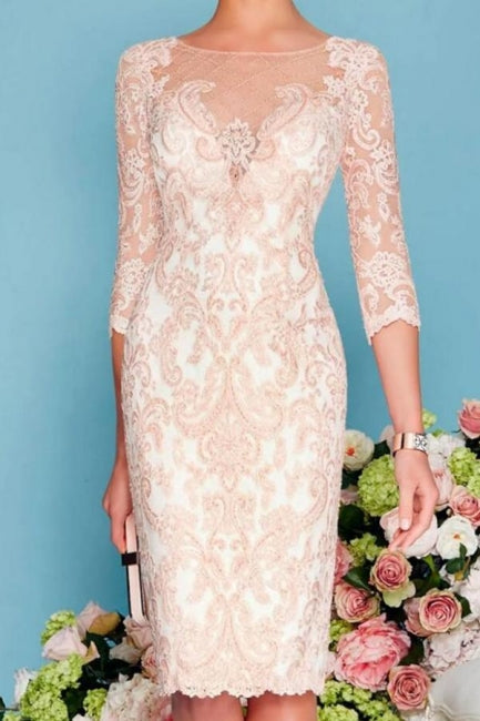 Abito da madre della sposa a due pezzi con guaina/colonna, lunghezza al ginocchio, chiffon e pizzo, manica tre quarti