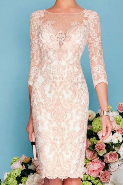 Vestido de madre de la novia de dos piezas, corte tubo/columna, largo hasta la rodilla, de gasa con encaje y mangas 3/4