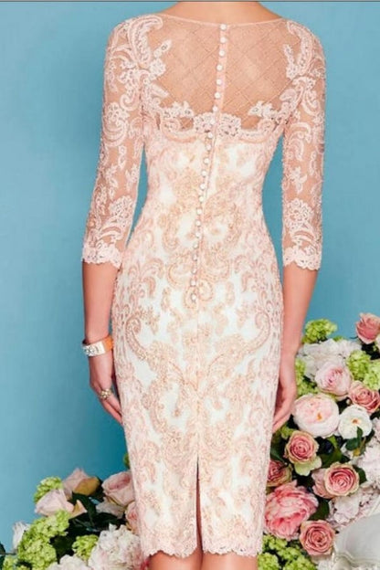 Vestido de madre de la novia de dos piezas, corte tubo/columna, largo hasta la rodilla, de gasa con encaje y mangas 3/4