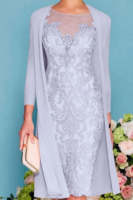 Abito da madre della sposa a due pezzi con guaina/colonna, lunghezza al ginocchio, chiffon e pizzo, manica tre quarti