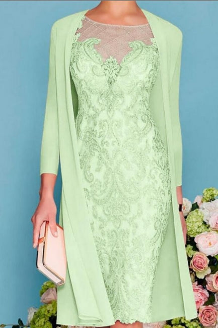 Abito da madre della sposa a due pezzi con guaina/colonna, lunghezza al ginocchio, chiffon e pizzo, manica tre quarti
